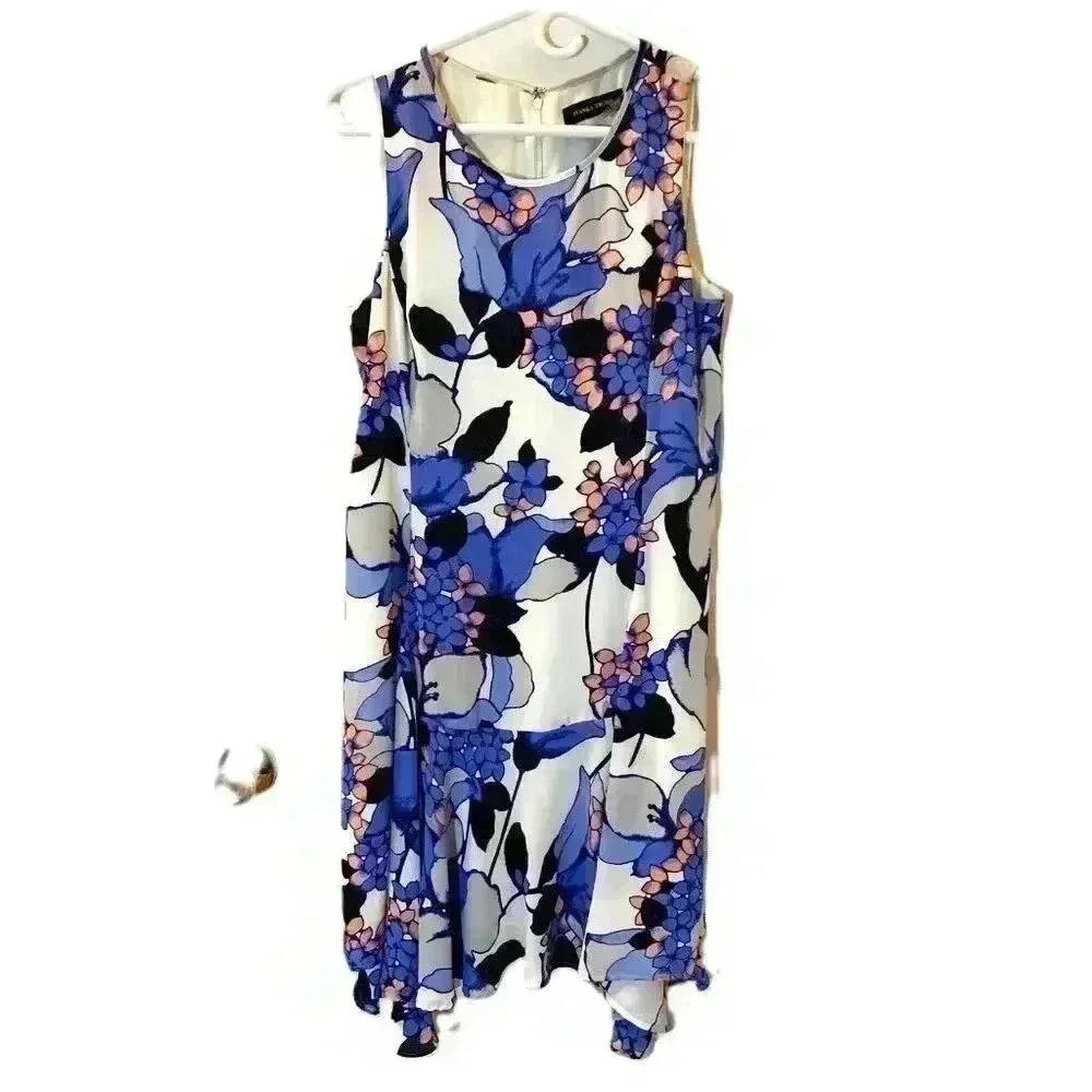 Ivanka Trump Dress SIZE 8 Blue White Coral Floral Sleeveless Flared Layer Hem